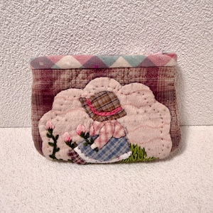 Handmade Quilted Patchwork Pouch, Embroidered Girl Coin Purse, Cottagecore Accessories