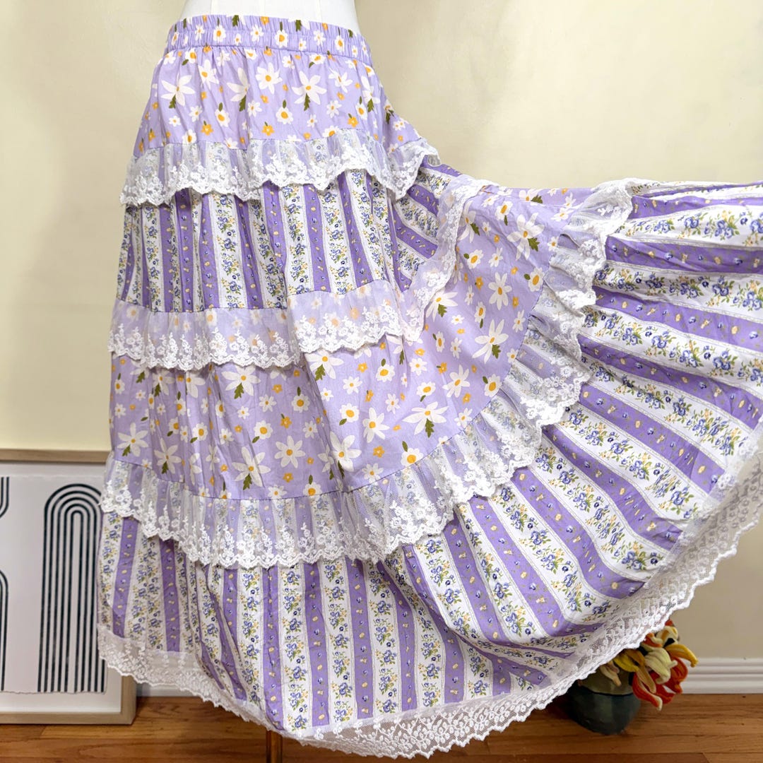 Plus Size Patchwork Maxi Skirt | Handmade Cottagecore Floral, Lace Trim ...