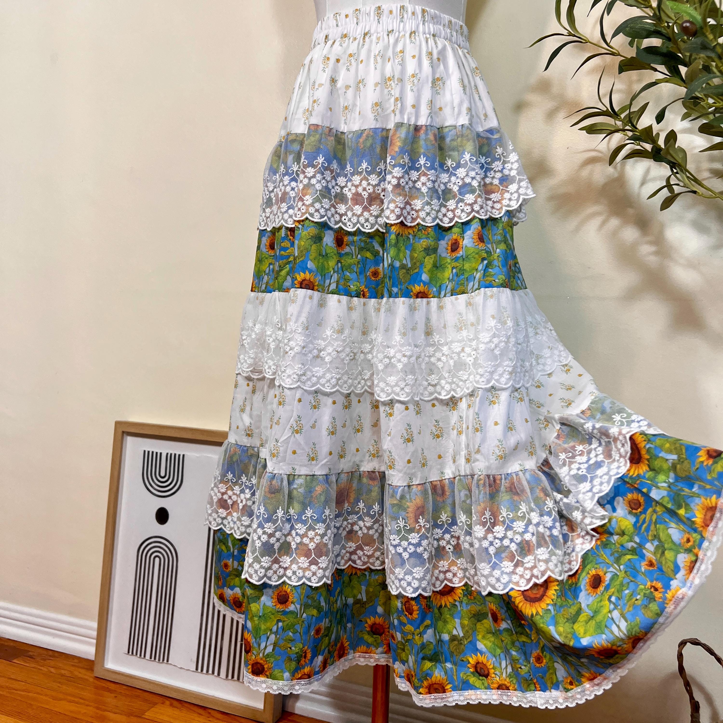 Handmade Cottagecore Patchwork Maxi Skirt: Vintage Floral Lace
