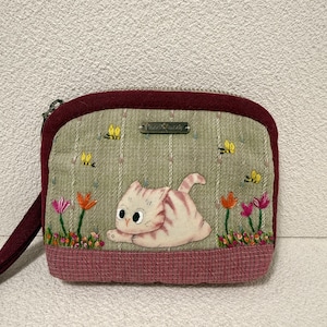 Handmade Patchwork Wristlet, Quilted Coin Purse, Cottagecore Cat Scene Pouch