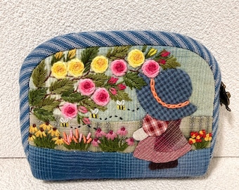 Handmade Japanese Cotton Pouch, 3D Flower Embroidery, Girl Bicycle Patchwork Wallet