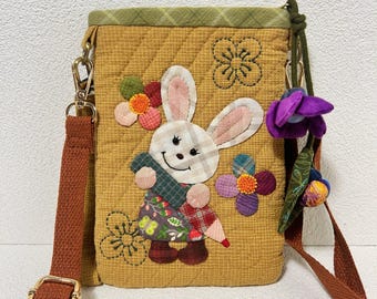 Handmade Quilted Rabbit Crossbody Pouch - Adorable Bunny and Carrot Designmother's day idea
