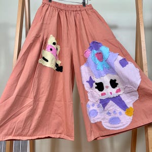 Handmade Appliqué Wide-Leg Pants: Peach Pink Bunny & Dessert Art