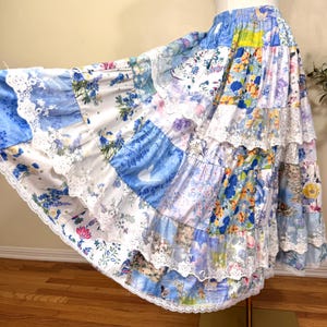 Handmade Cottagecore Patchwork Maxi Skirt | Blue Floral Tiered Skirt with Lace | Thick Lined Cotton Boho Skirt | Elastic Waist One of a Kind