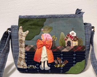 Bolsa transversal artesanal em patchwork | Bolsa vintage com apliques no estilo cottagecore