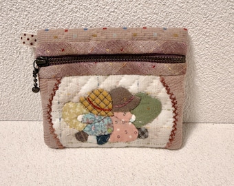 Monedero acolchado hecho a mano, monedero con cremallera de patchwork, billetera con apliques
