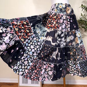 Handmade Cottagecore Patchwork Maxi Skirt | Black Floral Tiered Skirt | Elastic Waist Boho Skirt | Vintage Patchwork Skirt | One of a Kind