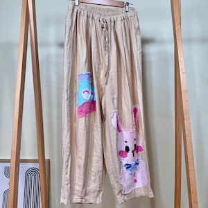 Handmade Appliqué Patchwork Balloon Pants: Whimsical Animal Doodle Art Clothing