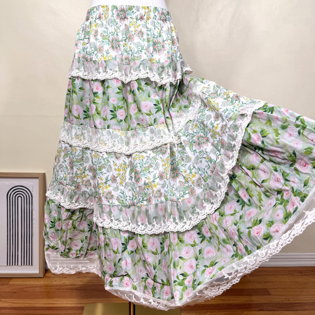 Plus Size Patchwork Maxi Skirt | Handmade Cottagecore Floral, Lace Trim ...