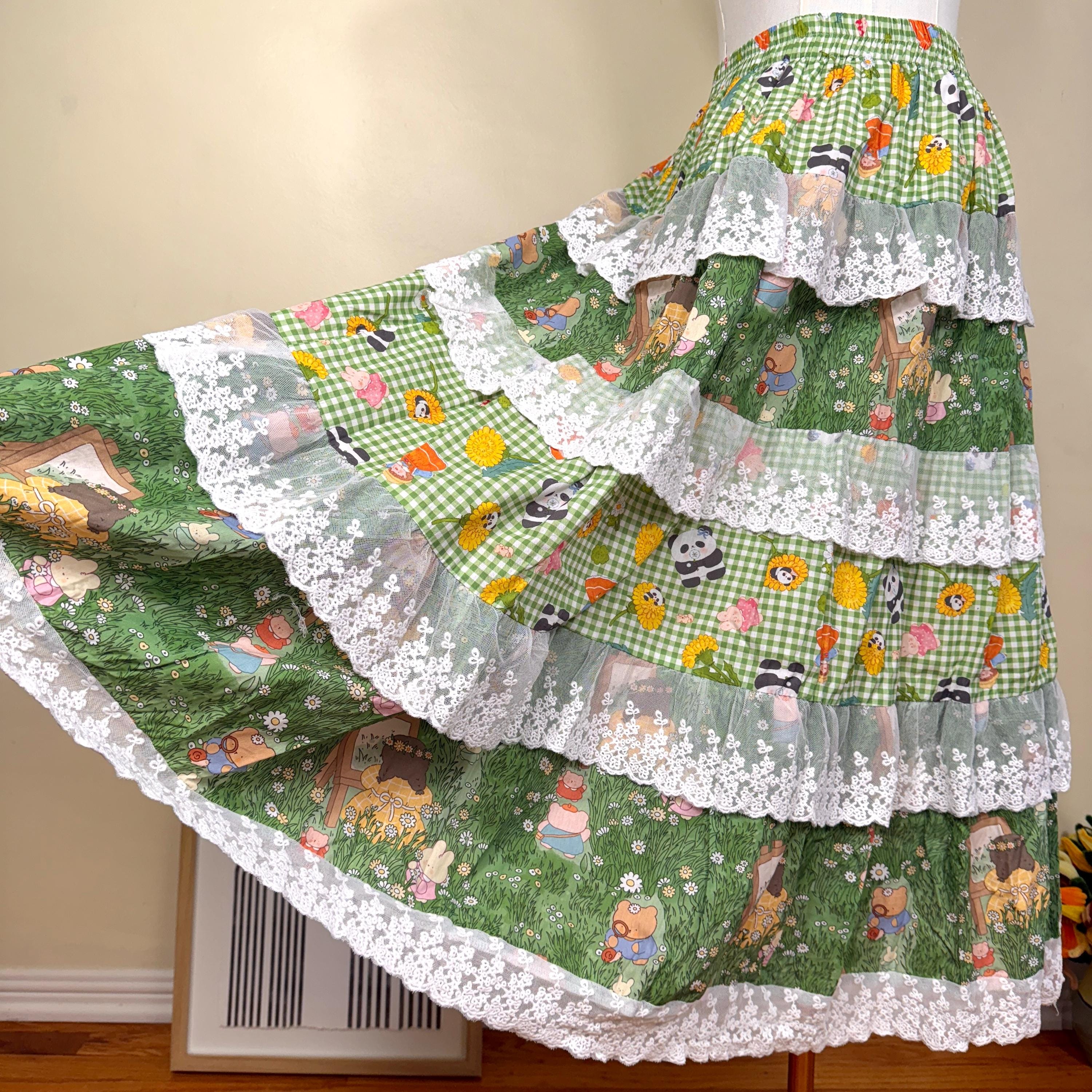 Handmade Cottagecore Patchwork Maxi Skirt: Vintage Floral Lace