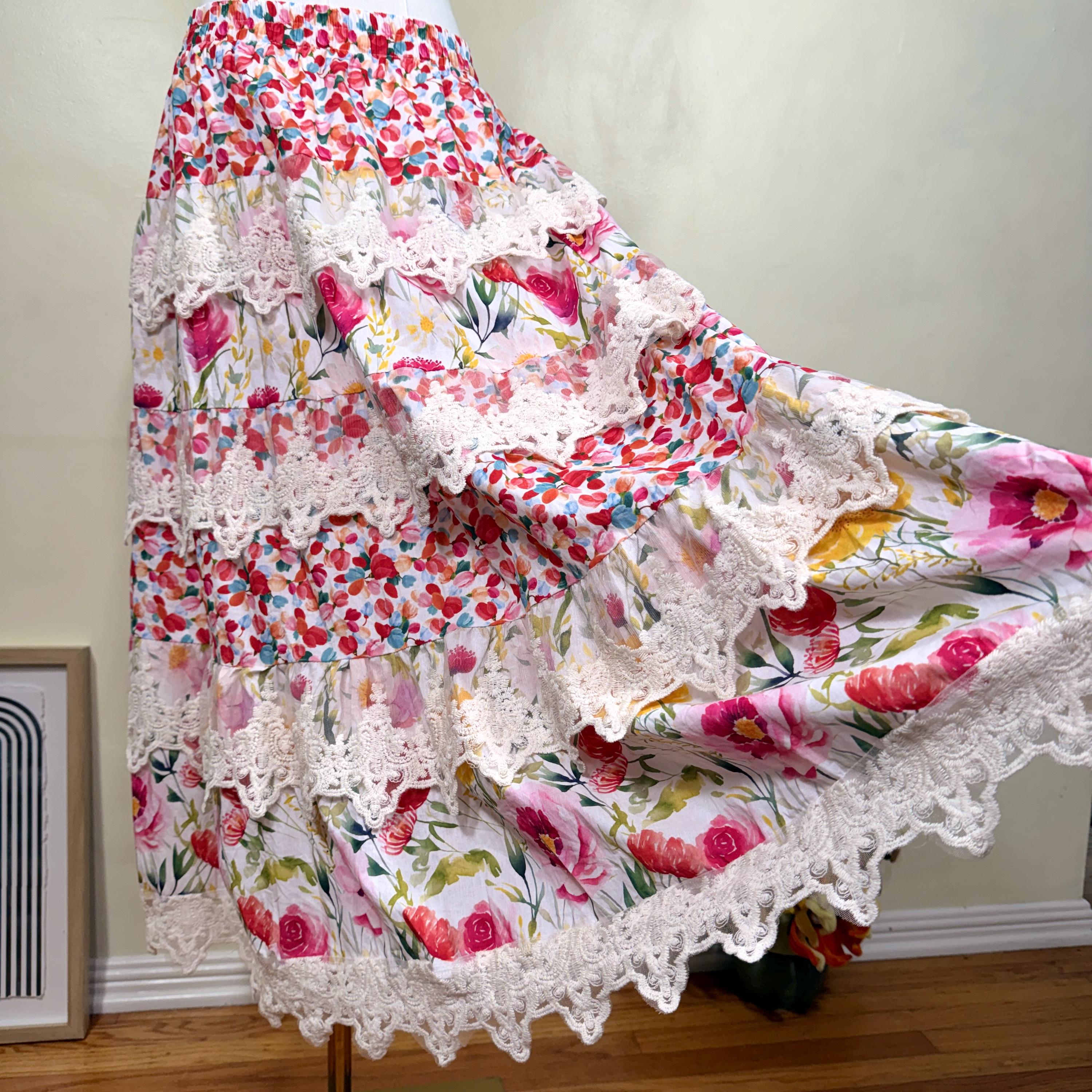 Plus Size Patchwork Maxi Skirt | Handmade Cottagecore Floral, Lace