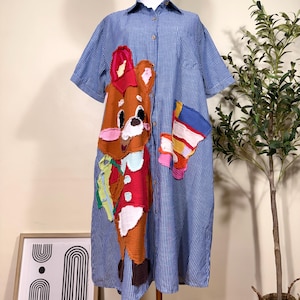 Handmade Appliqué Cotton Shirt Dress: Whimsical Bear & Books Patchwork