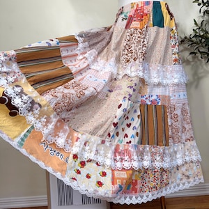 Plus Size Patchwork Maxi Skirt | Handmade Cottagecore Floral, Lace Trim