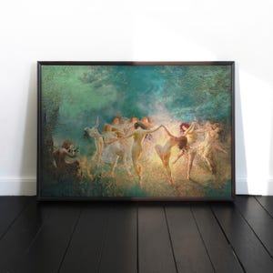 Puede incluir: Pintura al óleo enmarcada que representa figuras desnudas bailando en un bosque. La obra de arte presenta un marco de madera oscura y una paleta de colores de verdes, azules y tonos de piel cálidos. Una figura está sentada a la izquierda, posiblemente esbozando.