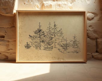 Rustic Pine Tree Sketch Art: Vintage Winter Framed Print