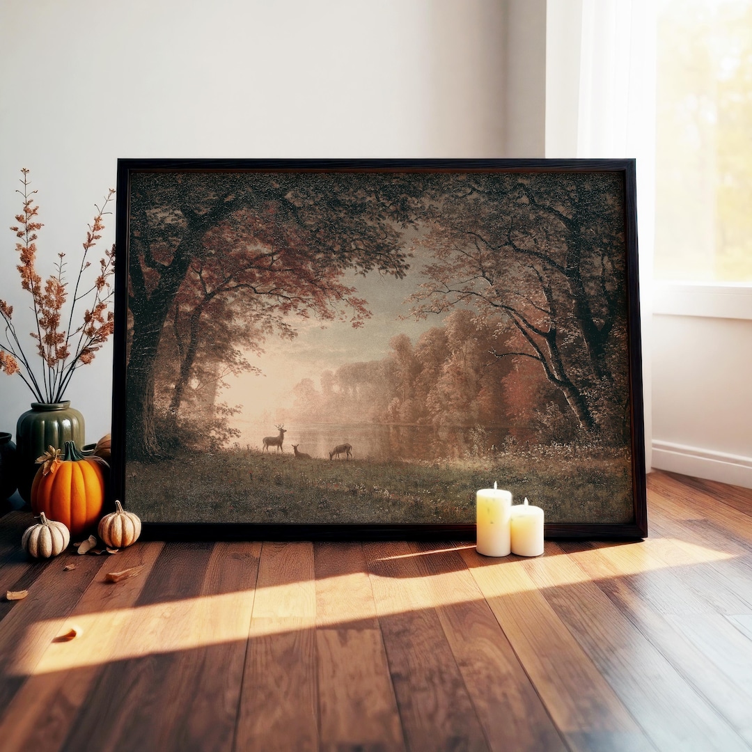 Vintage Deer Art Print: Framed Sunset Landscape - Etsy