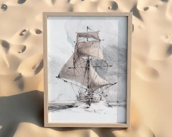 Antique Ship Painting Print - Vintage Nautical Wall Art, Rustic Coastal Decor, Maritime Wall Poster #SS52