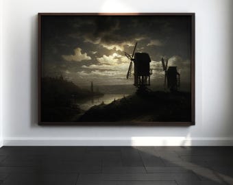 Night Landscape Wall Art – Moody Windmill Scene for Elegant, Calm & Relaxing Home Decor #LS16