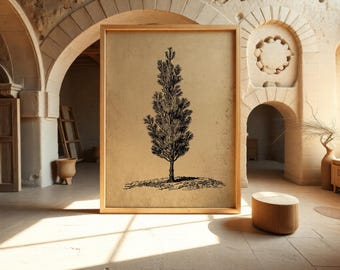 Vintage Tree Wall Art - Neutral Pine Landscape Drawing for Rustic Decor #S40