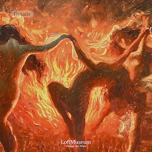 a painting of two women dancing in front of a fire