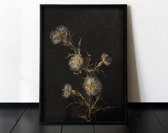 VINTAGE WALL ART - Dark Floral Thistle Painting