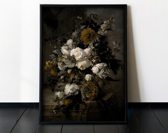 Vintage Dark Floral Framed Print: Botanical Still Life Wall Art