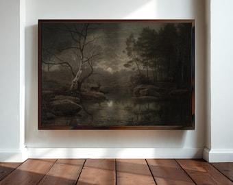 Vintage Gothic Forest Landscape Painting: Dark Academia Wall Art