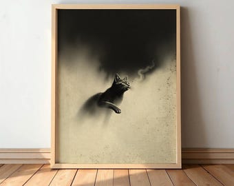 Vintage Katze Wandkunst - springende Katze Kohle Zeichnung für rustikale Dekoration #56