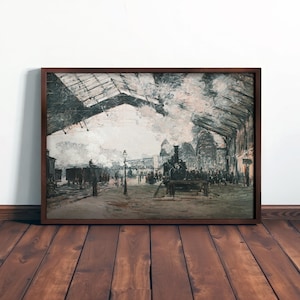 Vintage Wooden Framed Train Station Painting Wall Art • Antique Historical Farmhouse Living Room Housewarming or New Home Gift • LS245