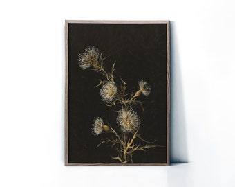 Moody Vintage Thistle Print • Dark Floral Still Life • Botanical Oil Painting • Antique Wall Art • SL29