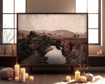 Vintage Fall Landscape Painting: Framed Farmhouse Art Print