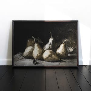 Vintage Pear Still Life Painting: Moody Kitchen Wall Art, Framed