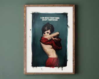 May include: Vintage art print in a wooden frame. The artwork features a woman in red clothing, partially undressing, with the text "I CAN RESIST EVERYTHING EXCEPT TEMPTATION" at the top. The print has a dark teal background.