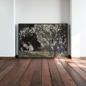 Vintage Garden Wall Art – Elegant Lady in Floral Landscape Painting, Romantic Nature Scene Print #LS01