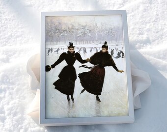 Jean Béraud Framed Winter Ice Skating Art: Neutral Antique Farmhouse Decor