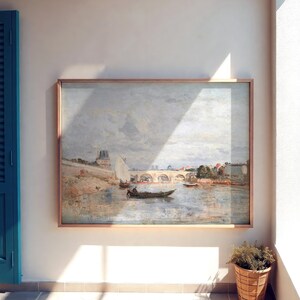 Framed Vintage Paris Landscape Print: Seine River, Antique Wall Art