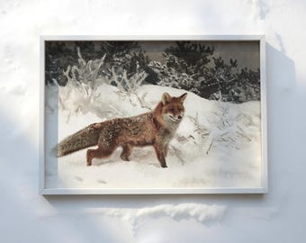 VINTAGE FOX ART - Rustic Winter Painting