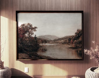 Vintage Fall Landscape Painting: Framed Autumn Field Art