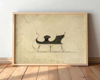 May include: A framed print featuring a vintage illustration of a horse-drawn sleigh. The sleigh is depicted in black against a beige background, with a wooden frame. The artwork evokes a sense of nostalgia and classic design.