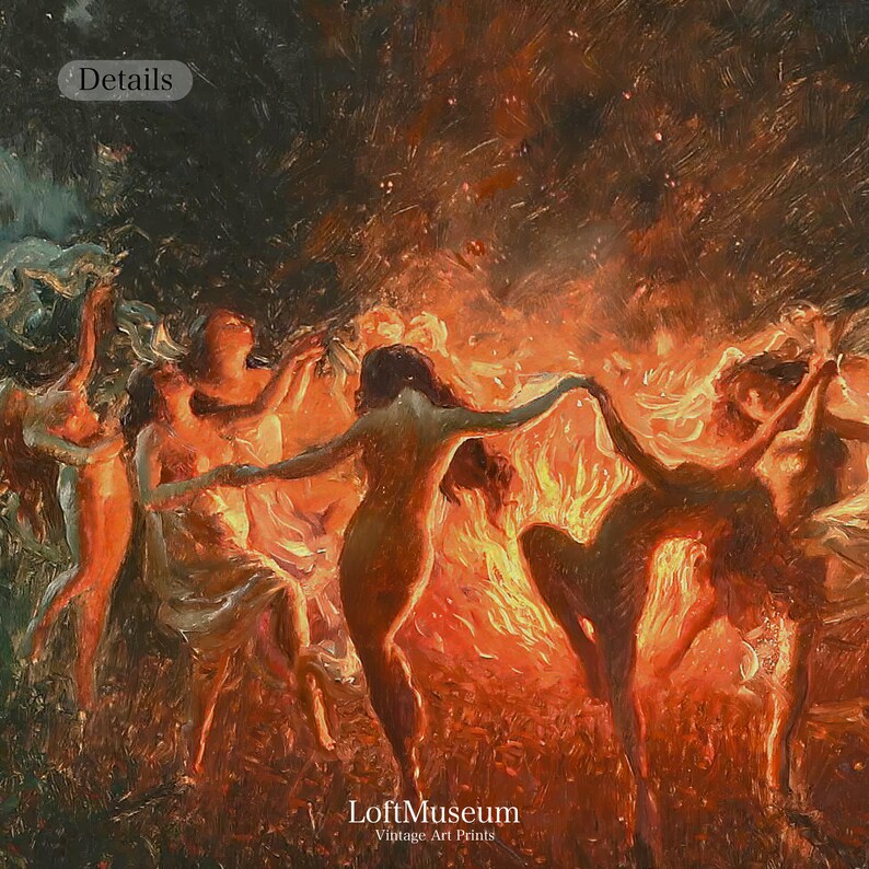 a painting of a group of women dancing around a fire