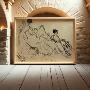 Vintage Dancing Figures Sketch Art Print - Framed Minimalist Decor