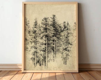 Vintage boomkunst - natuur landschap schets muur decor, rustieke bos tekening, antieke boom illustratie #S22
