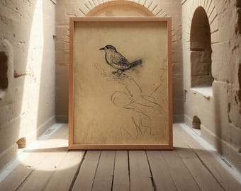 Minimalist Sparrow Art Print – Vintage Bird Line Drawing for Tranquil, Nature-Inspired Interiors #S37
