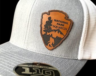 National Park Squatch Hat, Bigfoot Leather Patch Hat, Mountain Sasquatch Hat, Hiking Gift, Outdoorsman Cap