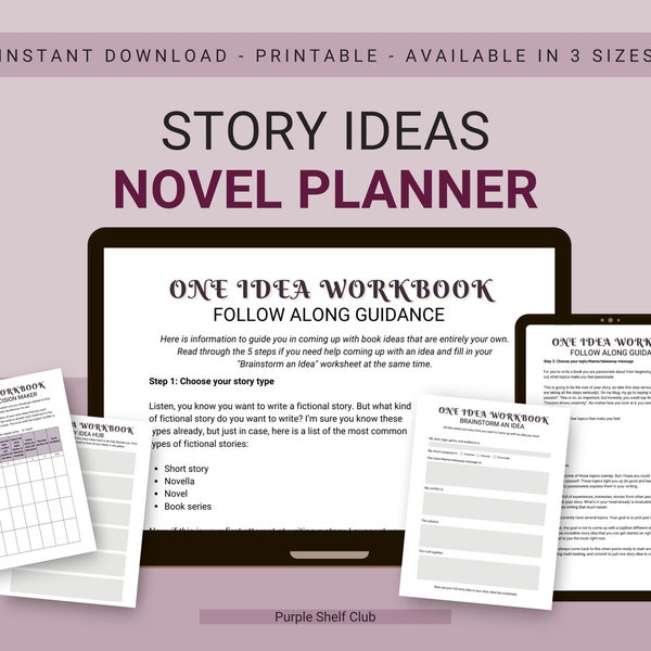 Story Ideas Novel Planner | Printable Fiction Novel Worksheet for Writing Ideas | Instant Download