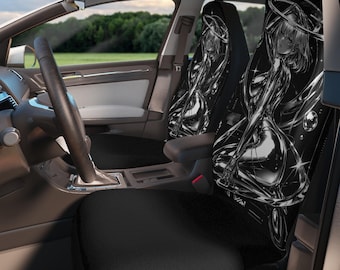 Shiny Anime Girl Car Seat Covers | Metallic Monochrome Space Design, Futuristic Anime Waifu Y2K JDM Silver Car Decor