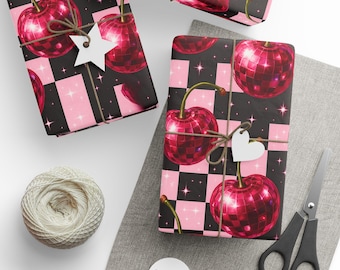 Disco Cherries Y2K Wrapping Paper Rolls for Any Occasion, Gift Wrap, Holiday Decor, Celebration, Checkered Board Disco Fruit Birthday