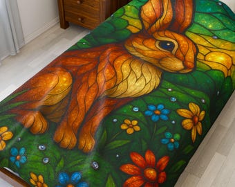 Vibrant Bunny Plush Blanket, Cozy Rabbit Throw, Easter Decor, Plush Blankets for Kids, Colorful Home Decor, Stained Glass Bedding