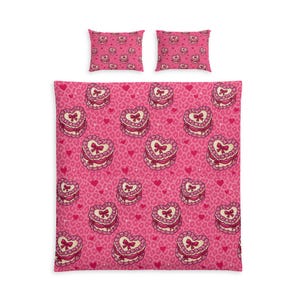 Heart Cake Pattern Cotton Bed Set | Pink Valentine Bedding, Pink Cheetah Print Leopard Y2K JDM Disco Cake Bows Girl Room Decor Bed Set