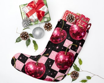Disco Cherry Checker Christmas Stocking | Pink Black Holiday Stocking, Y2K Checkered Disco Fruit Holiday Room Decor